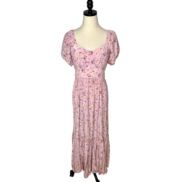 NEW! LoveShackFancy 6 Angie SILK Midi Dress Milkmaid Puff Shoulder Floral Pink - Picture 3 of 15
